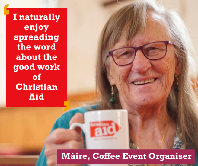 WOman posing with cup with text